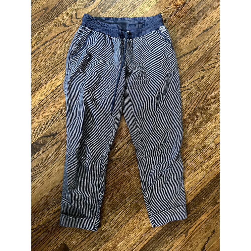 Athleta Bali Navy Blue Striped Linen Pants